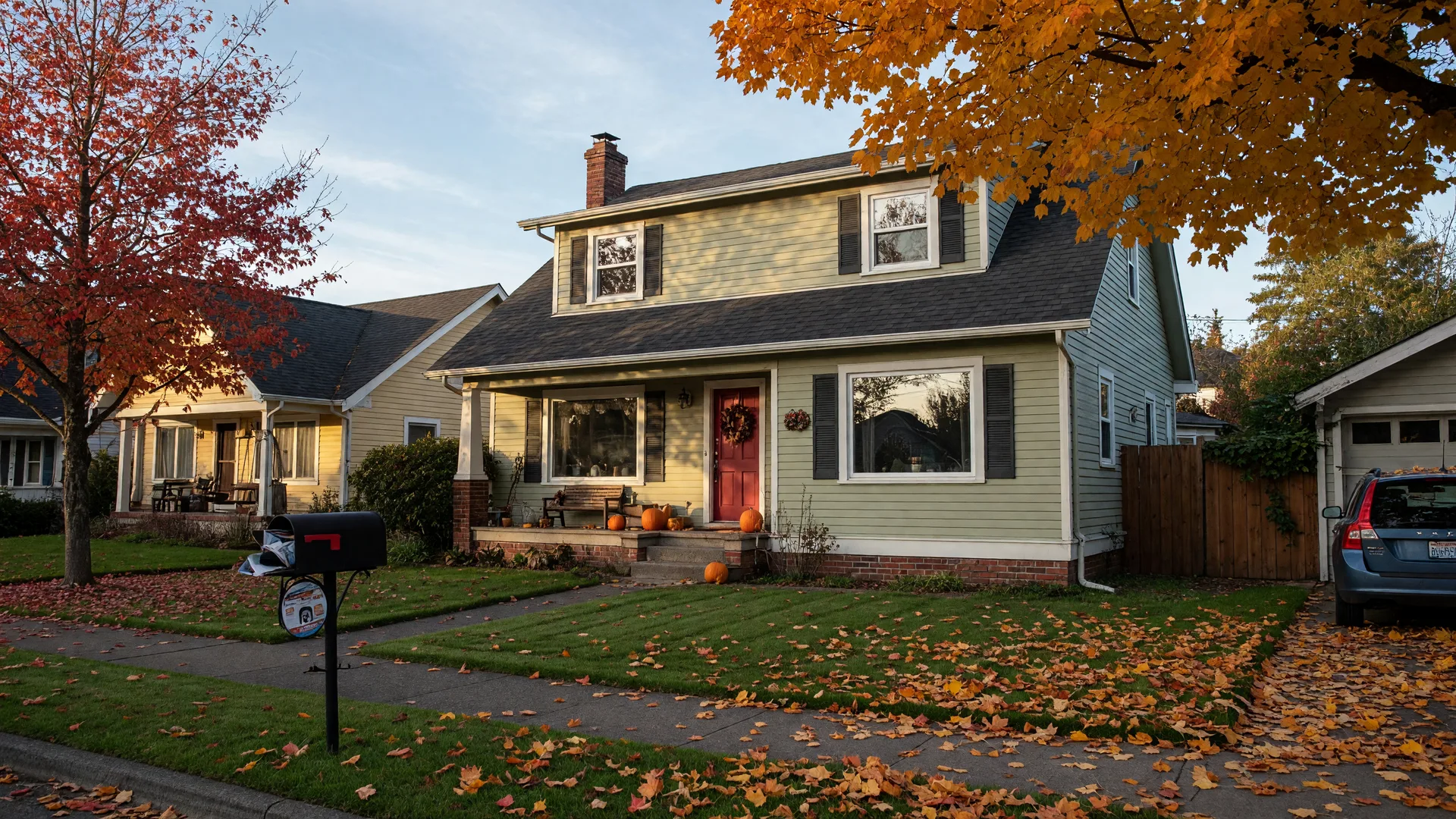 A cozy two-story family home on a crisp September morning, with golden autumn leaves scattered across the lawn