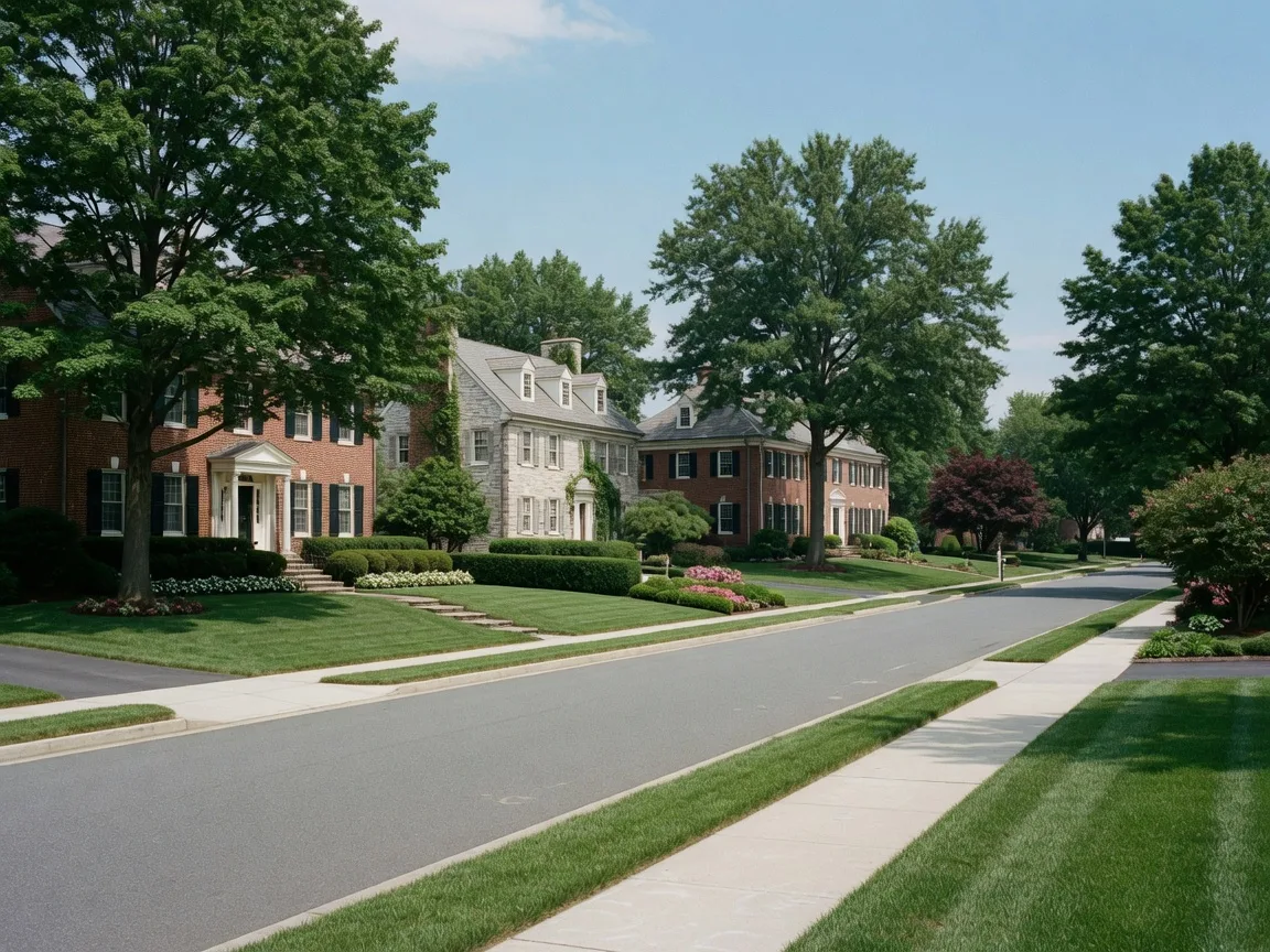 A leafy suburban street with brick and stone homes