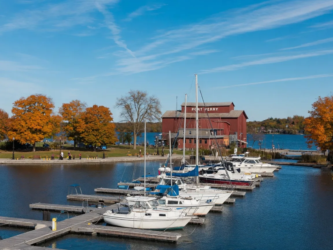 Boats moored at the Port Perry waterfront marina on a crisp October afternoon, with the historic red-brick mill beside the water and autumn trees in orange and gold