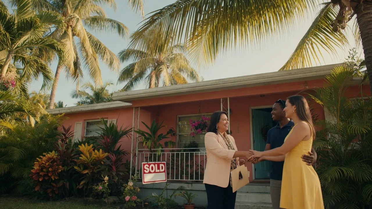 Couple shaking hands with a real estate agent on the front porch of a South Florida home with a Sold sign and palm trees