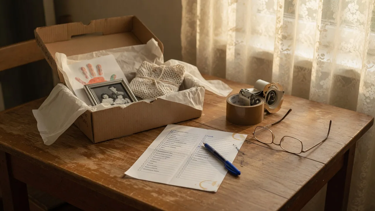A kitchen table with an open box of wrapped keepsakes, a checklist, and packing supplies