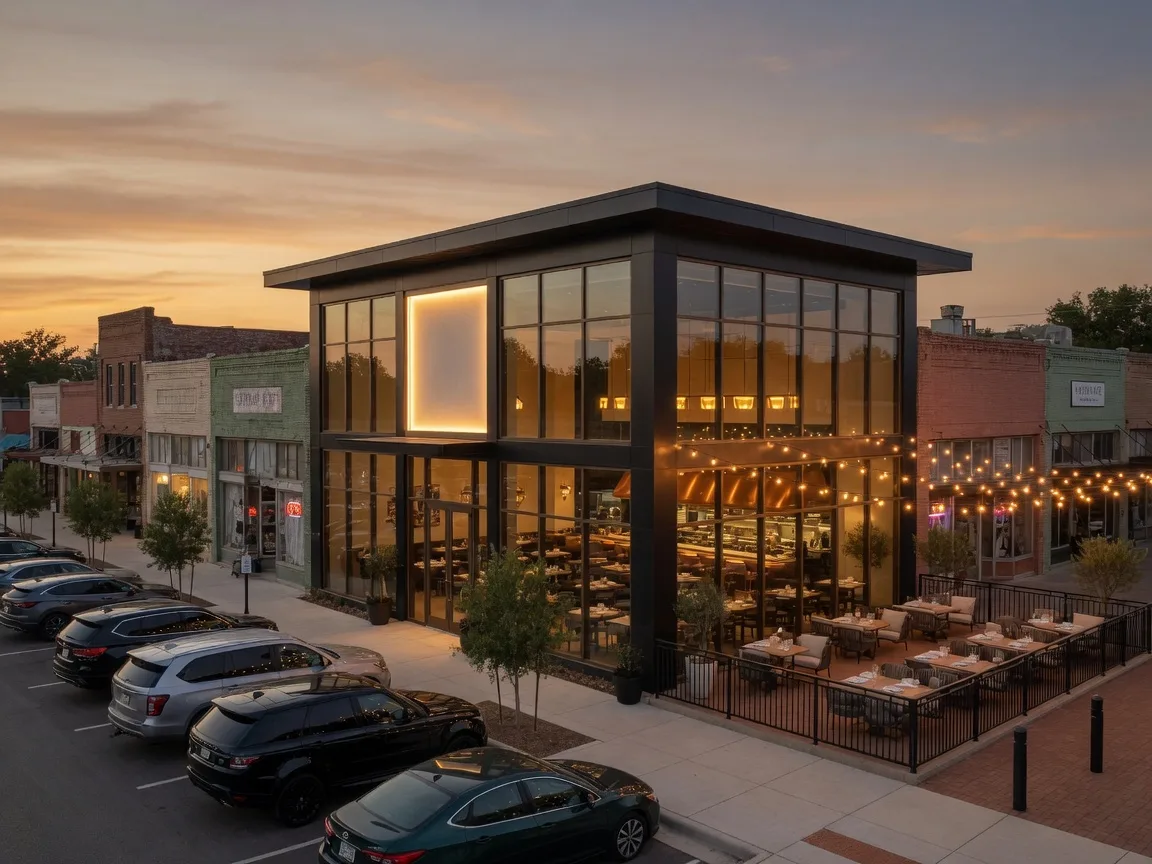 Contemporary restaurant exterior at dusk with warm interior lighting, outdoor patio, and string lights along a Texas commercial boulevard