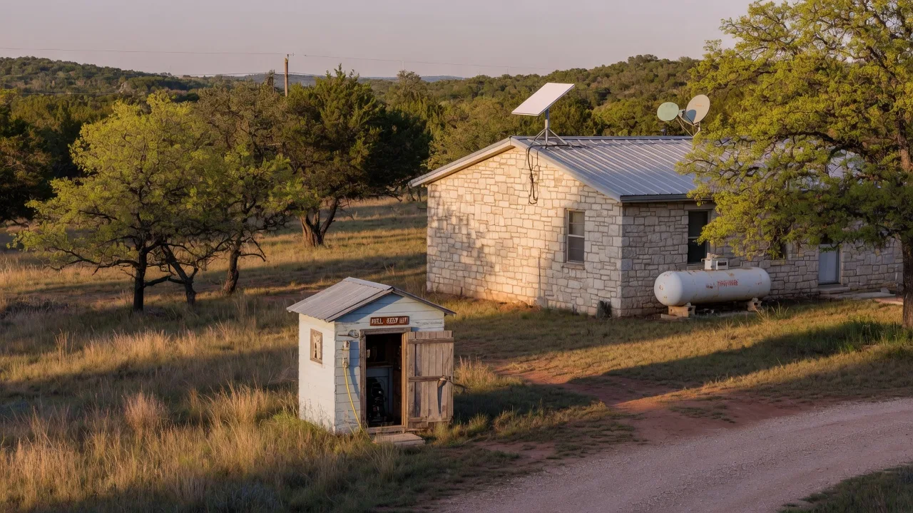 A Texas Hill Country property with a limestone home, visible propane tank near the side, a well house in the foreground, and a Starlink antenna on the roof under golden afternoon light