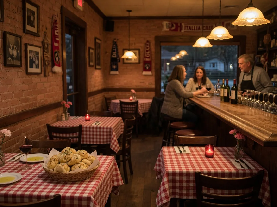 Antoneta's Italian Restaurant dining room in Dacula Georgia, a family-owned Italian institution near Apalachee Farms with warm red-and-white checkered tablecloths,and amber lighting