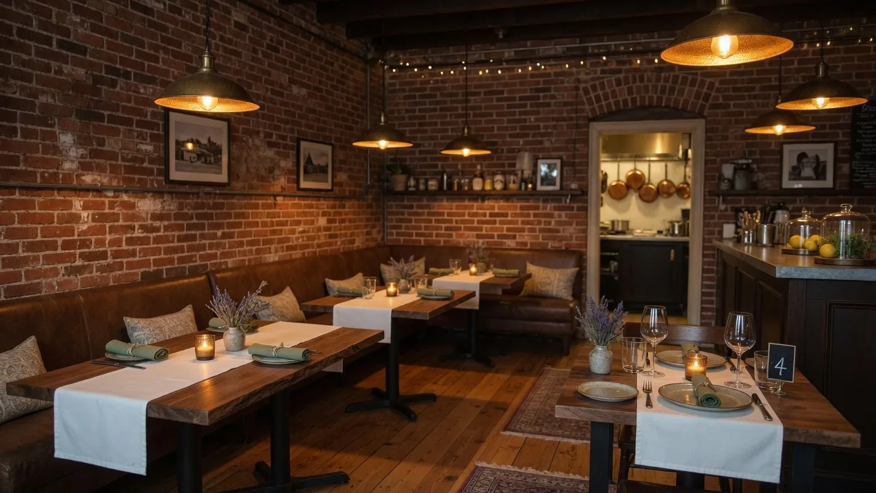 Cozy restaurant interior with warm pendant lighting and exposed brick walls