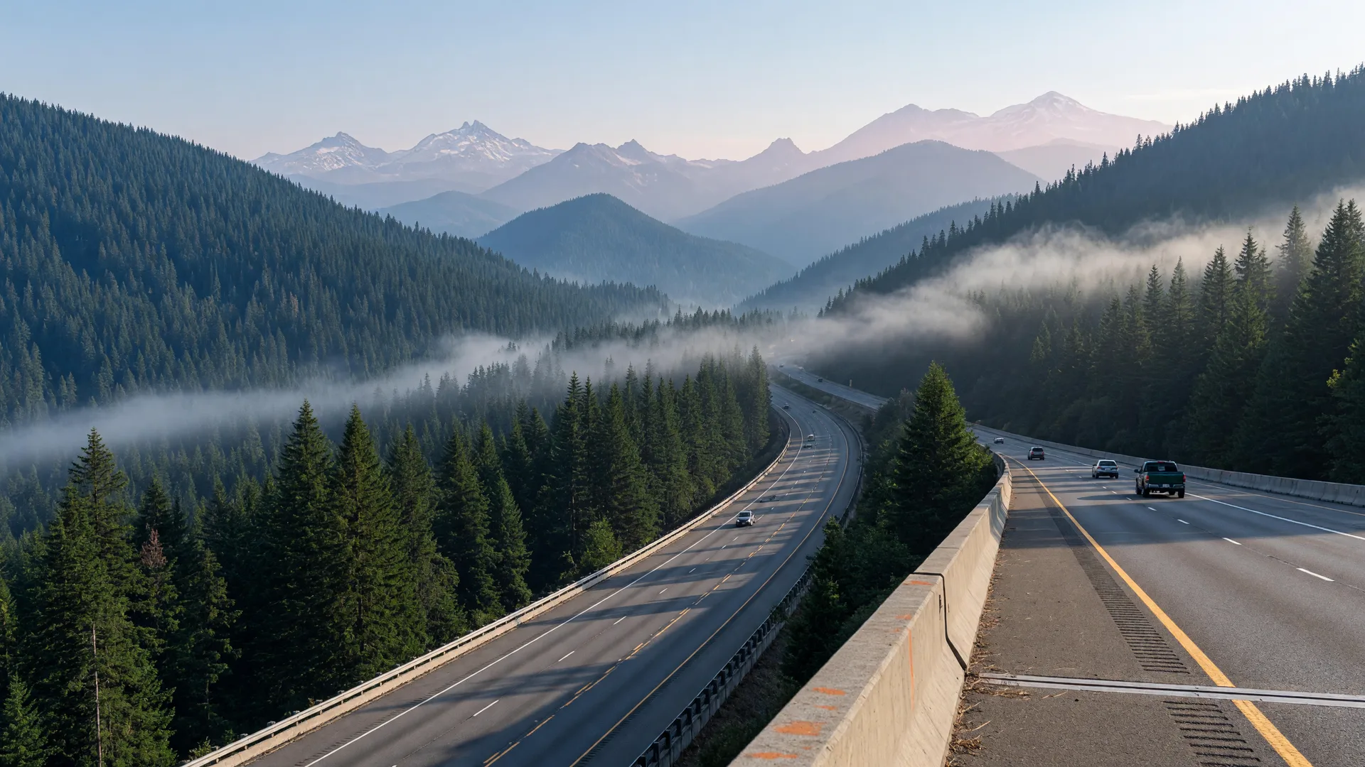 I-90 threading through the evergreen foothills east of Seattle on a clear morning