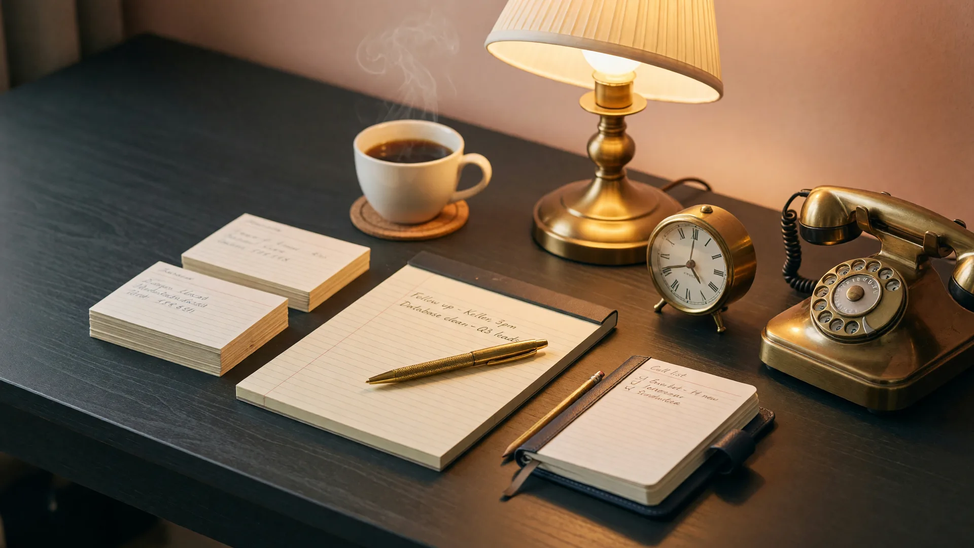 A charcoal desk with index cards and a legal pad with a gold pen on one side and a brass desk telephone on the other, coffee, a brass clock and warm lamp light, the tools of lead management and lead generation