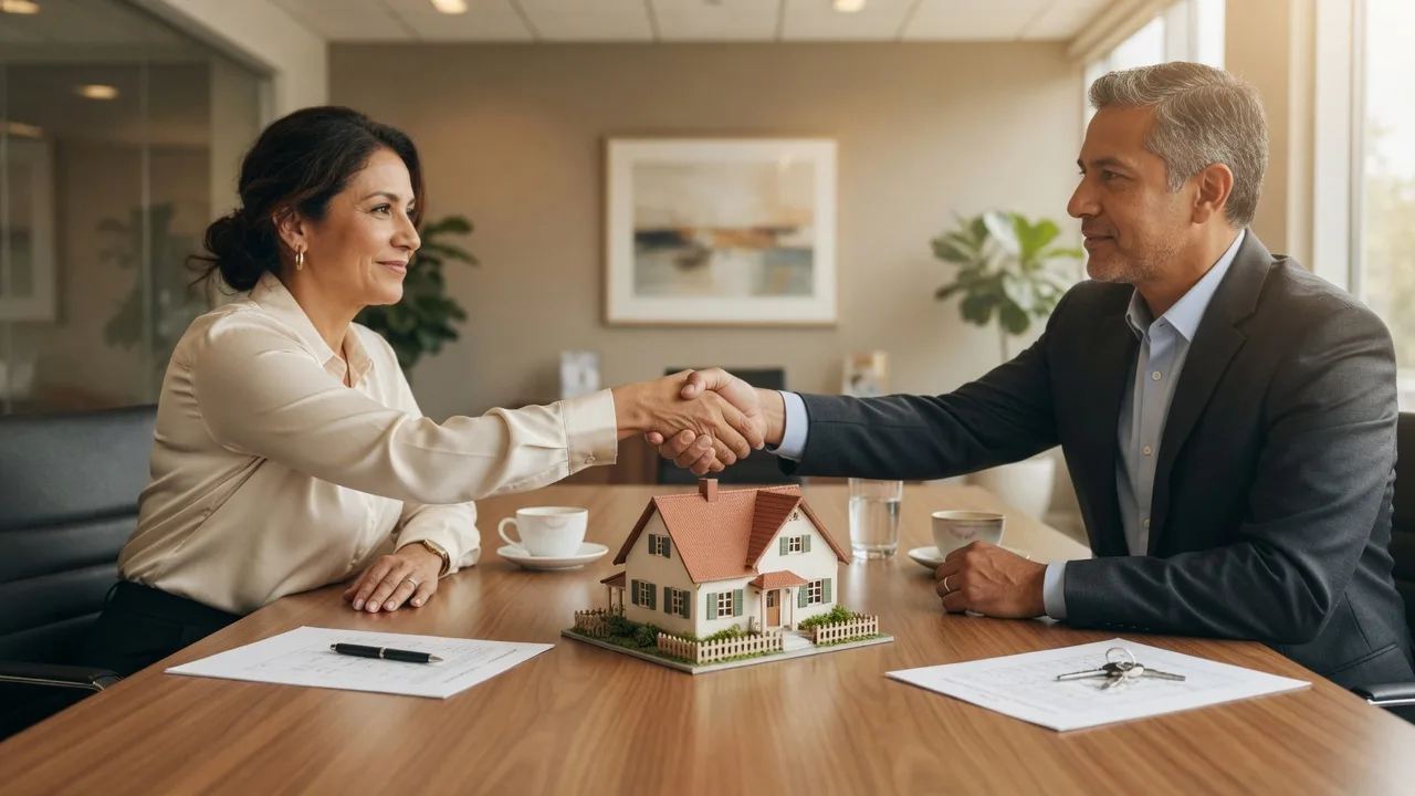 Two people shaking hands across a table with a house model between them