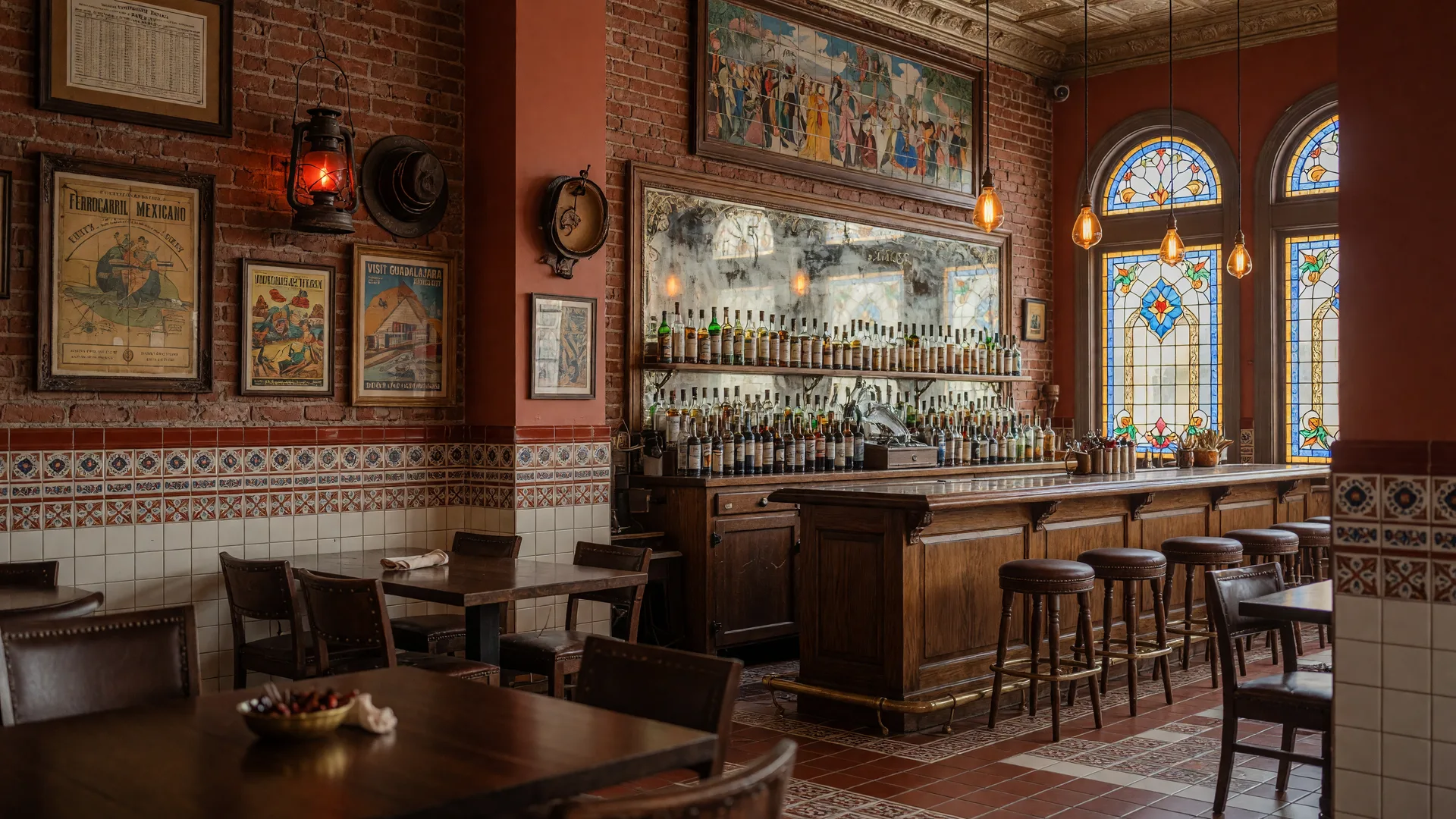 Warm, festive dining room inside Off The Rails Mexican Cantina in downtown Buford Georgia with exposed brick, hand-painted tiles, and a long wooden bar