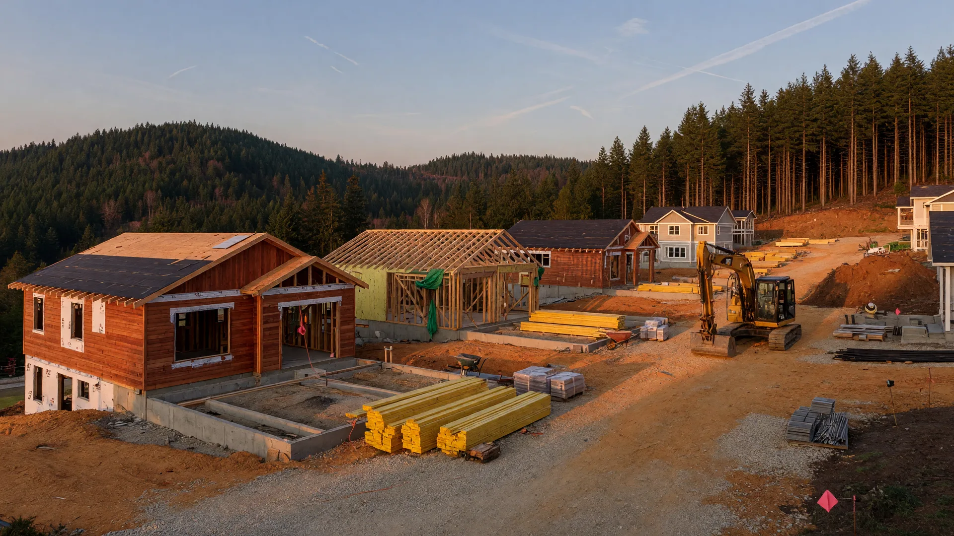 New-home construction site on a Pacific Northwest hillside at golden hour