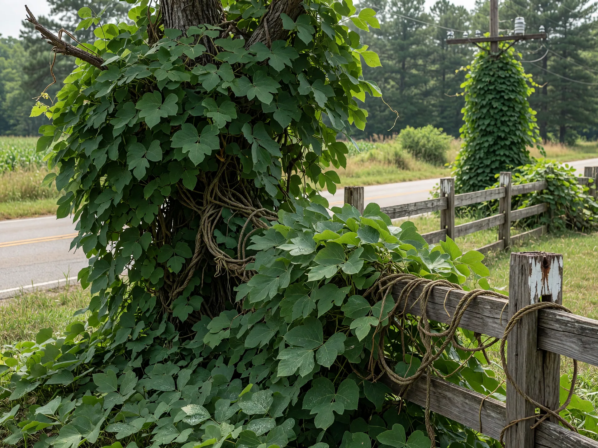 Kudzu vine with large three-part leaves smothering a roadside tree