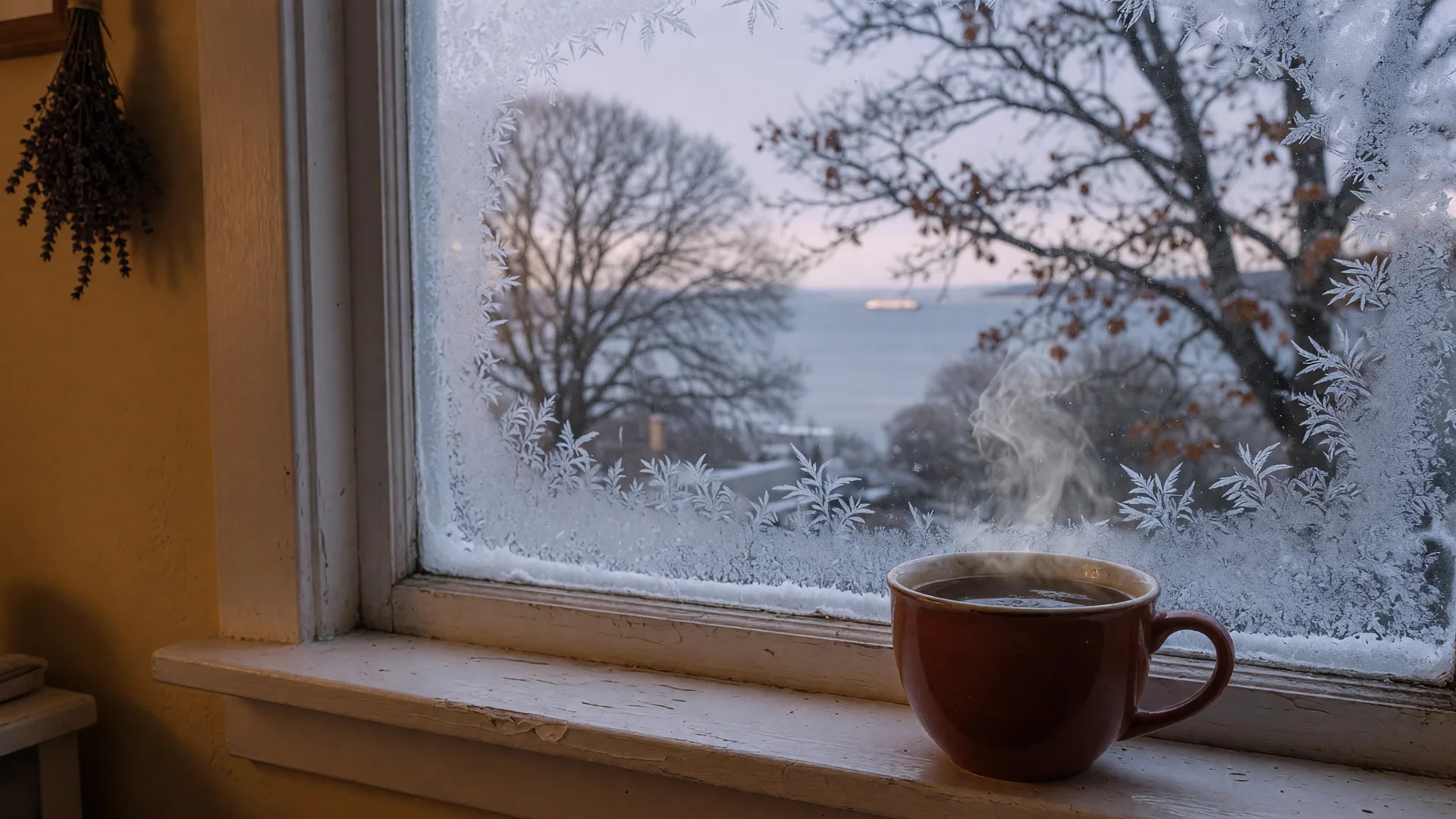 A warm coffee mug on a frosty windowsill overlooking a peaceful winter scene in Victoria BC