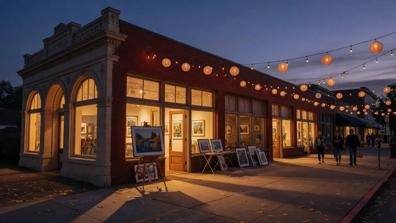 A small-town California art walk at dusk with warm light spilling from gallery storefronts, string lights overhead, and an easel with framed art outside a shop door