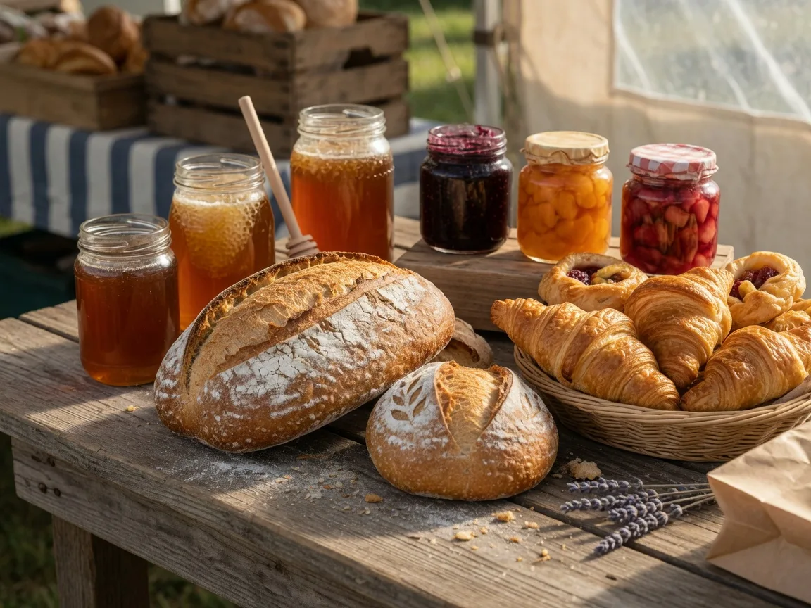 Artisan sourdough bread, golden pastries, jars of local honey, and homemade preserves displayed at the farmers market