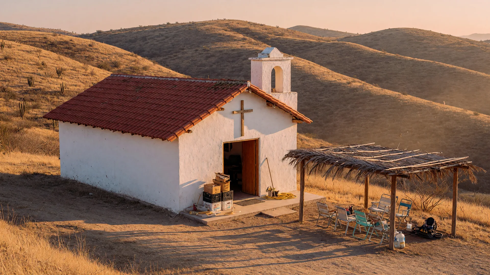 A small white mission church with a red tile roof on a Baja California hillside at golden hour