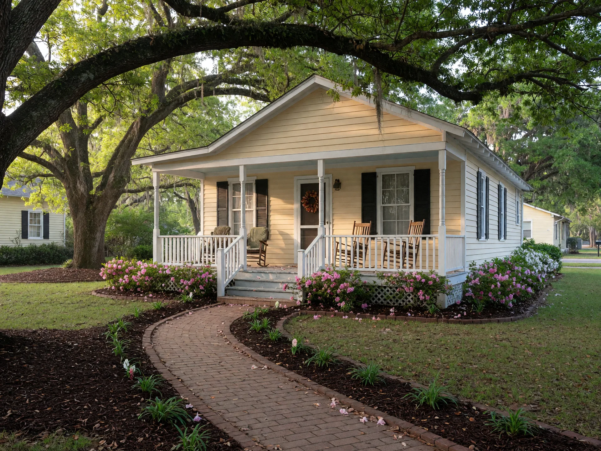 A welcoming single-story Lowcountry cottage with a deep front porch, rocking chairs, and mature oak trees in soft morning light