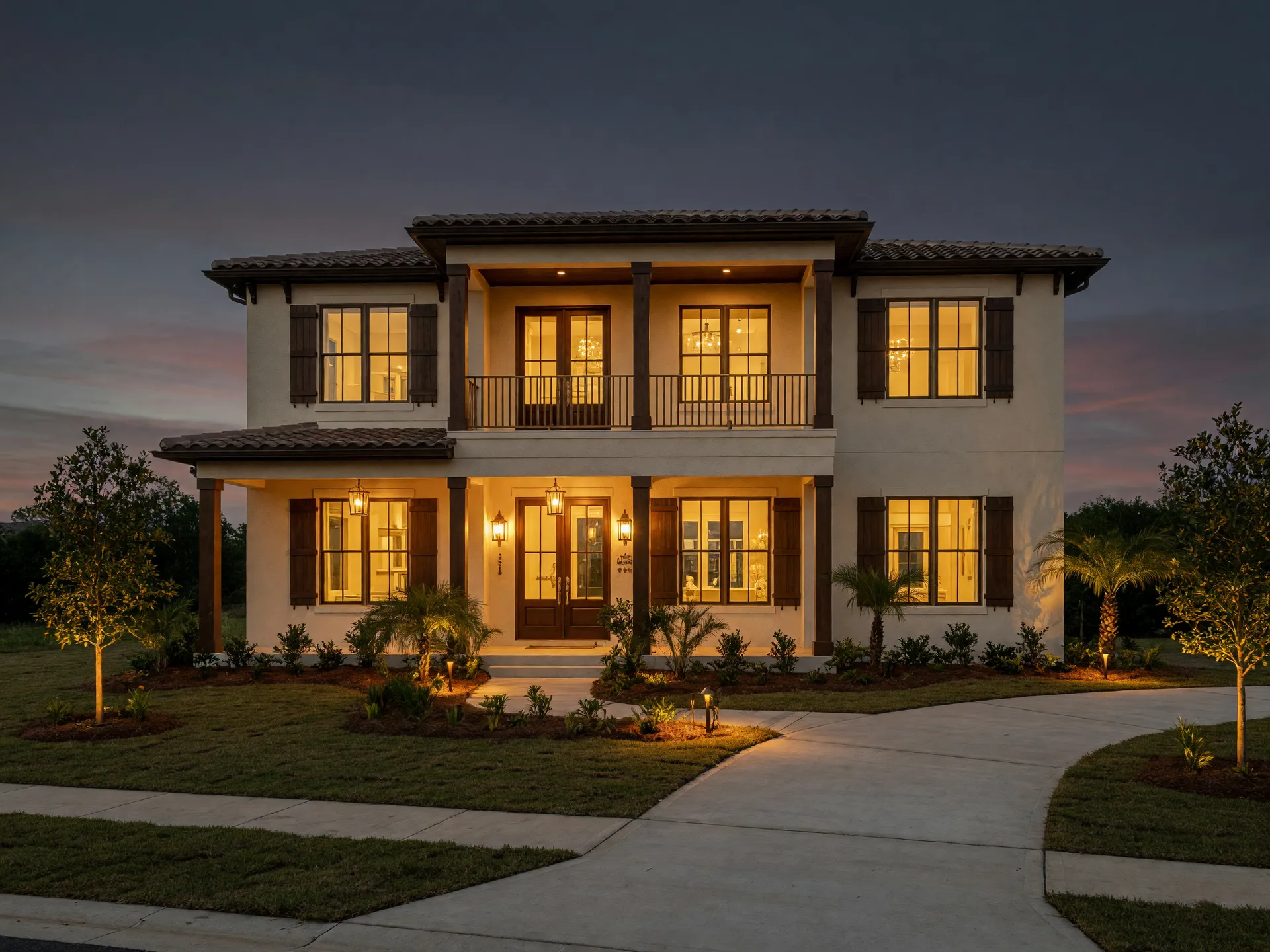 A two-story Florida family home glowing with warm golden light at dusk
