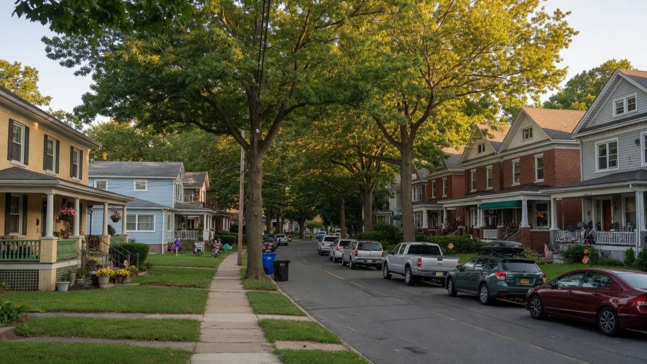 Tree-lined residential street in Upper Darby, Pennsylvania with historic homes and mature shade trees
