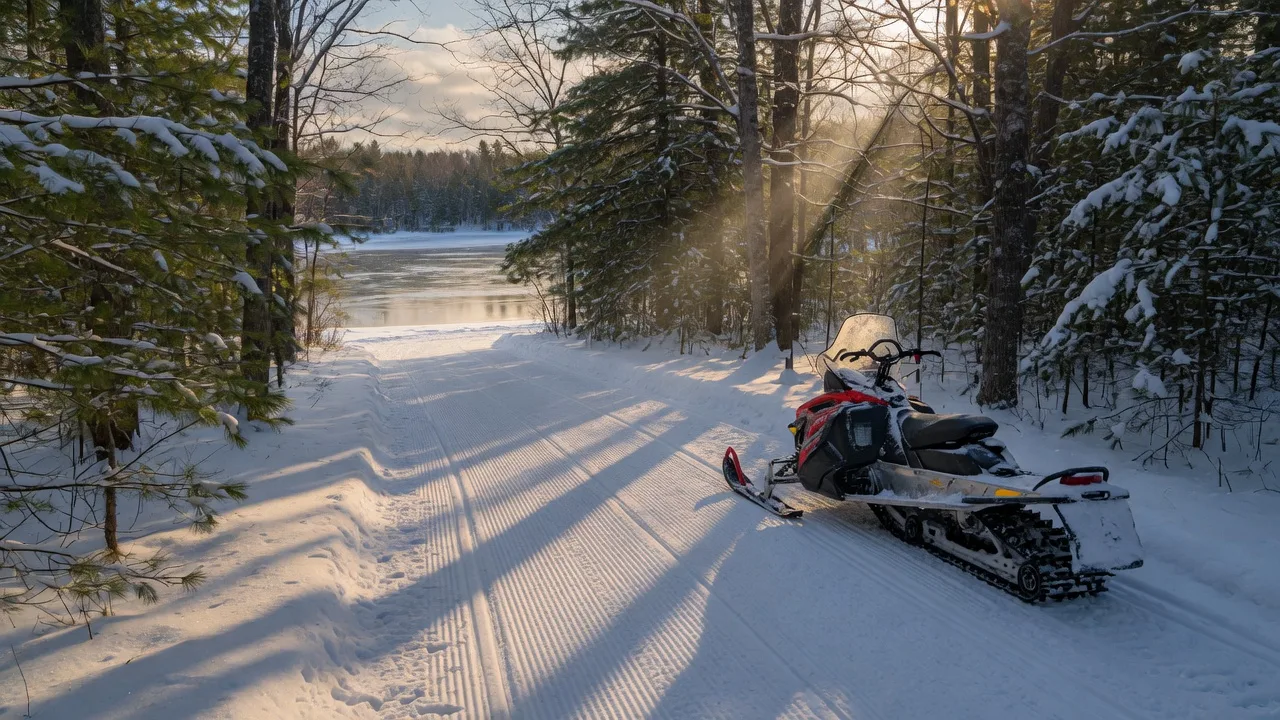A groomed snowmobile trail cutting through a snow-dusted hardwood and pine forest in northern Minnesota at low golden afternoon light, with a parked snowmobile beside the trail