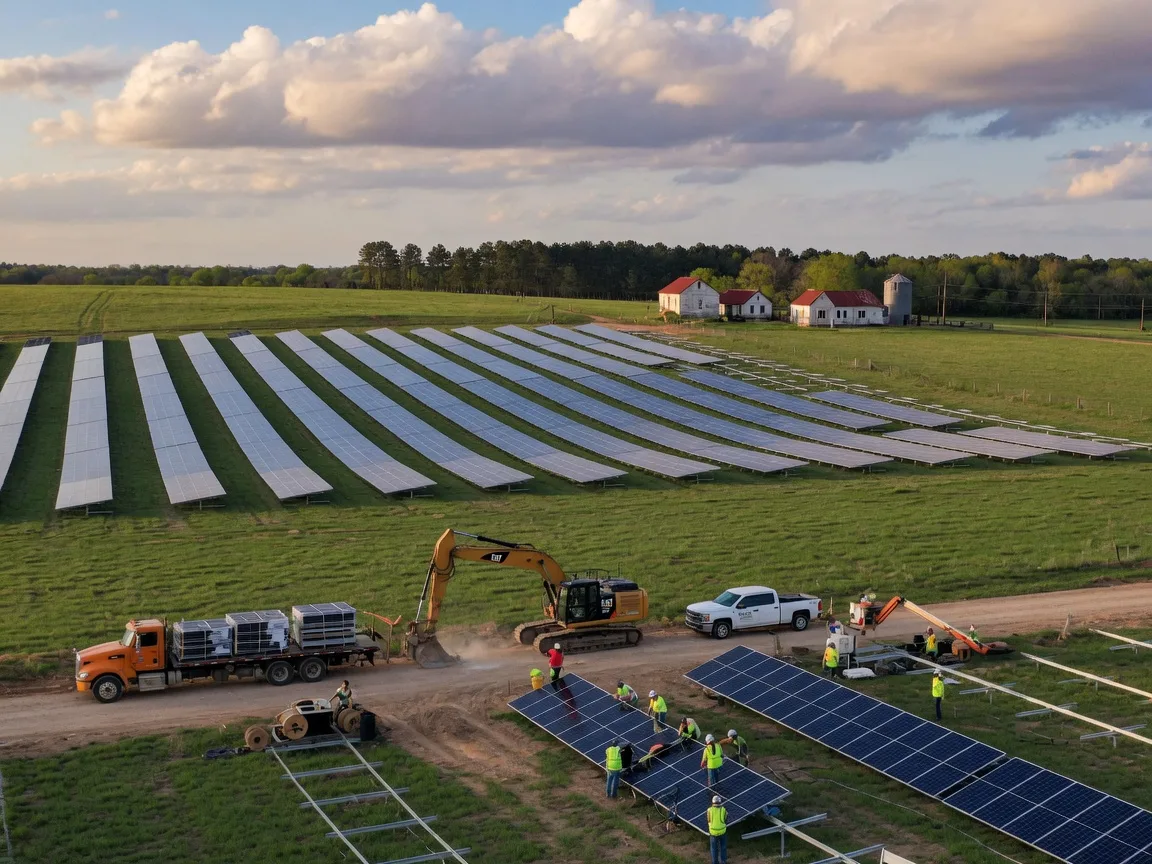 Large-scale solar farm construction in rural Northeast Texas with panels and heavy equipment across green fields