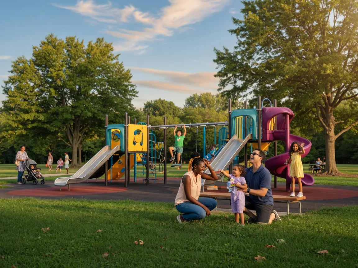 A family enjoying a sunny afternoon at a community park in Gladstone, Missouri with children playing on a playground