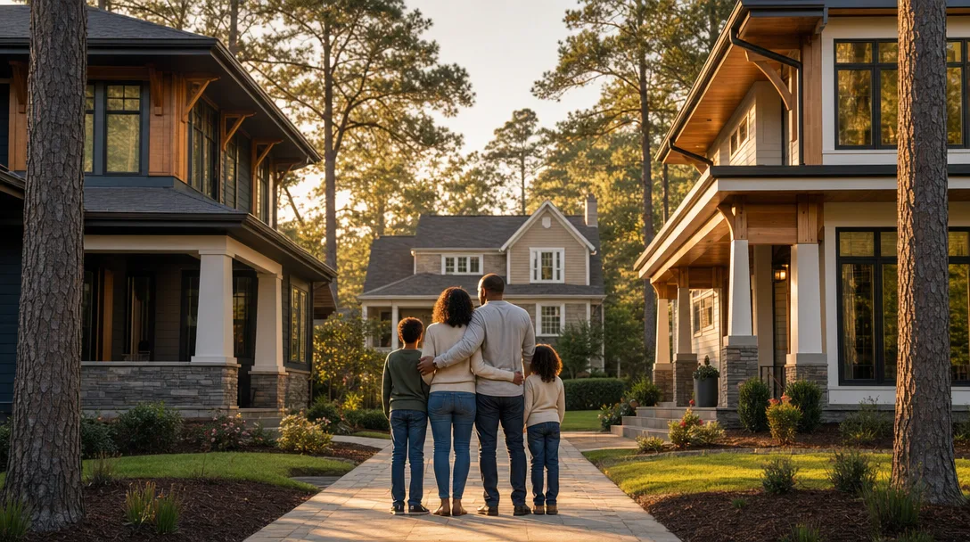 A family standing on a pathway between two homes, representing the transition of moving from one house to another