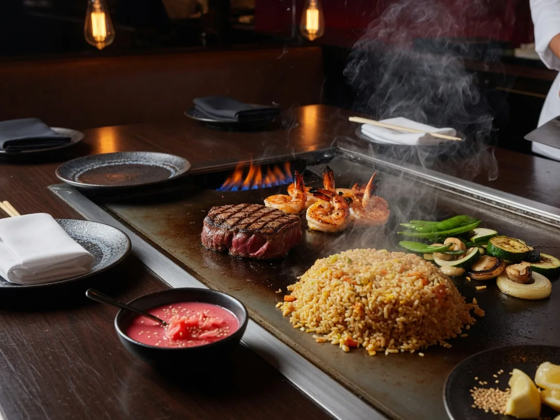 Tableside hibachi teppanyaki platter with grilled filet mignon, shrimp, sizzling fried rice and vegetables at Ninja Steak and Sushi in Braselton Georgia