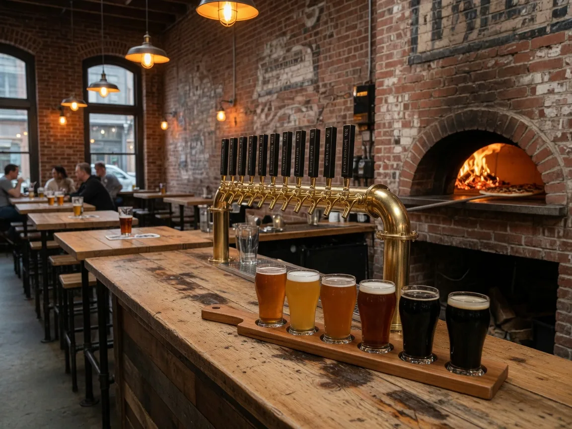 The warm taproom interior of The Town Brewery in Whitby with a long wooden bar, brass taps, exposed brick, and a wood-fired pizza oven in the background