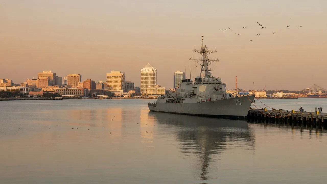 US Navy destroyer moored at a pier on the Norfolk waterfront in late afternoon golden light