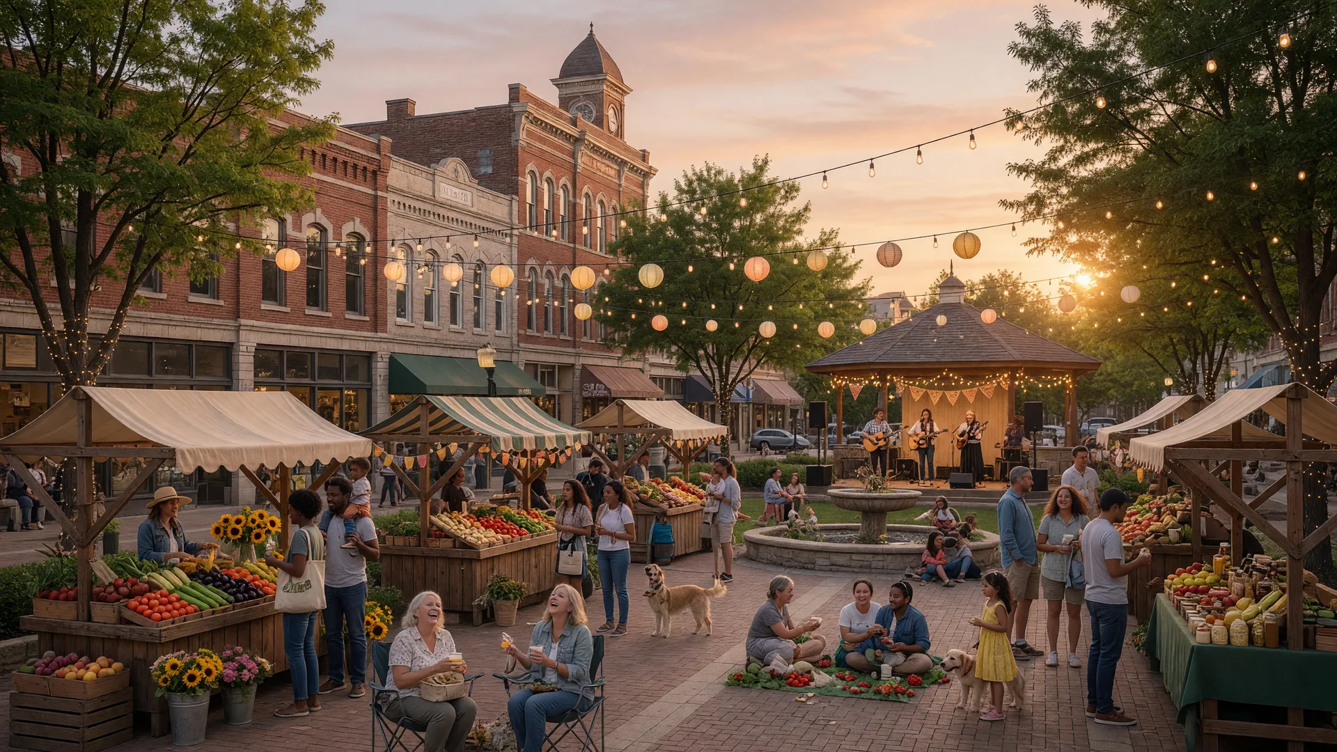 A community gathering on Lee's Summit's downtown square with families, local vendors, and string lights creating a warm neighborhood atmosphere