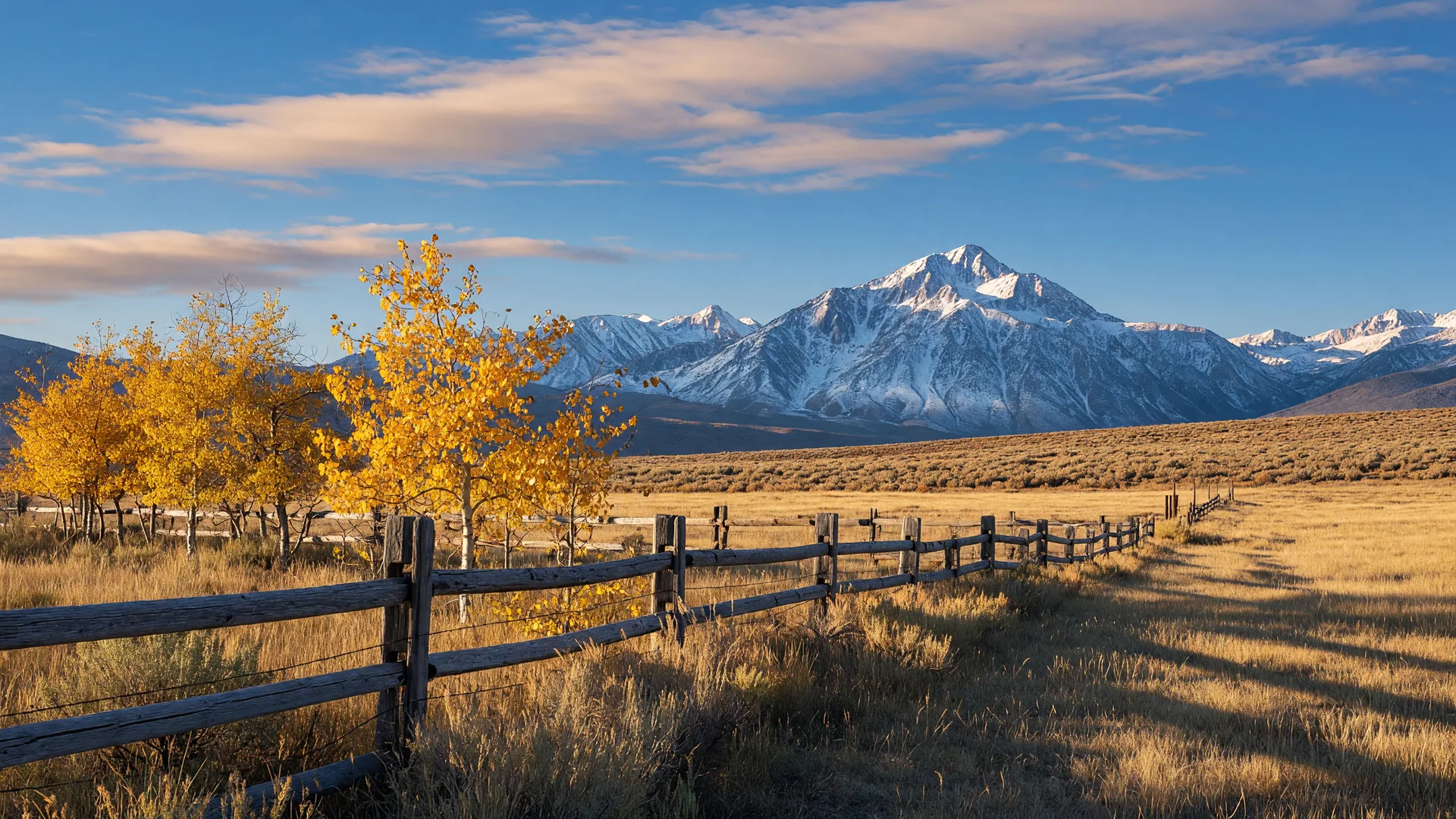 Golden autumn aspens along a ranch fence with the snow-capped Sierra Nevada behind them under a wide high-desert sky.