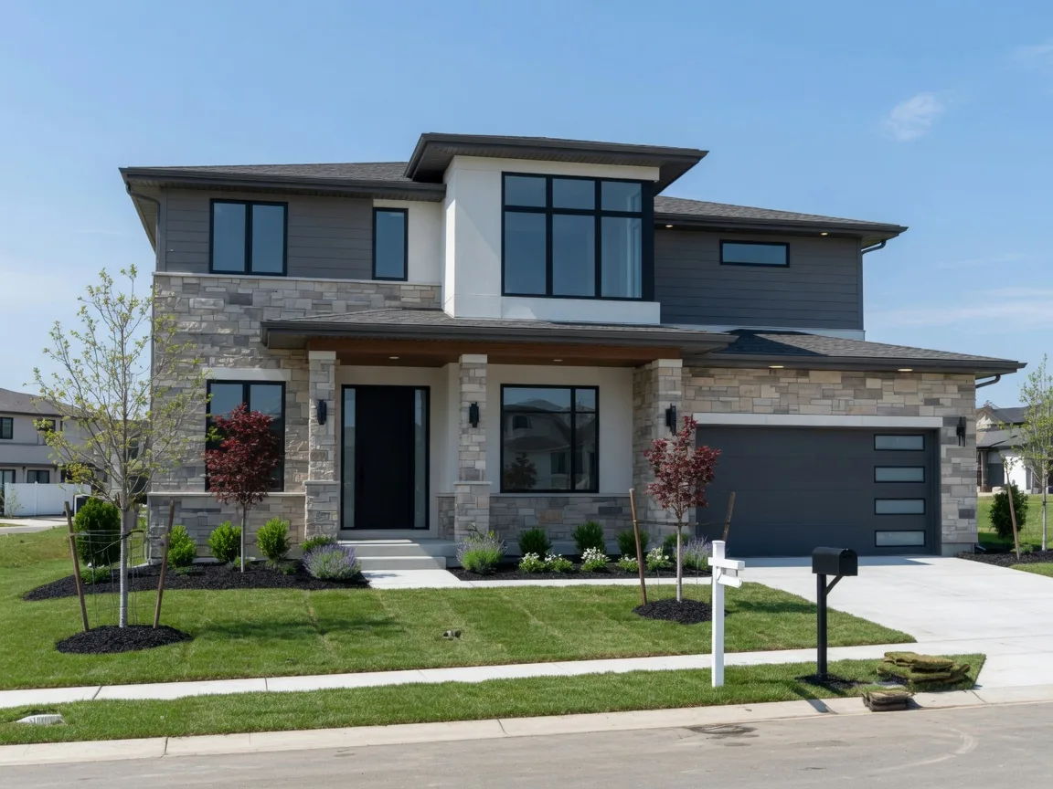Modern new-construction home exterior in Olathe with contemporary design and fresh landscaping