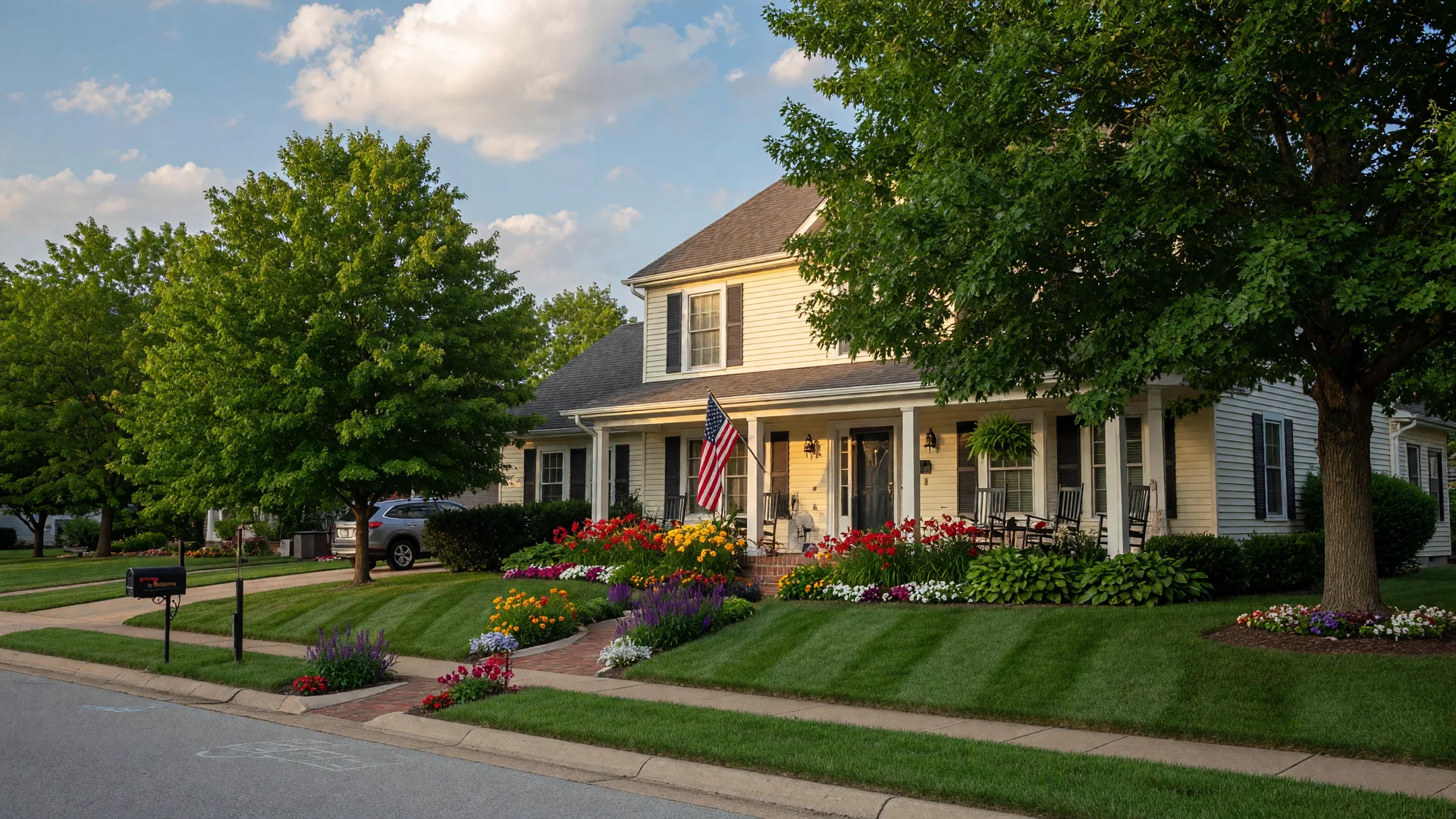 A beautiful well-maintained home in Blue Springs, Missouri with welcoming curb appeal, mature trees, and a covered front porch in warm afternoon light