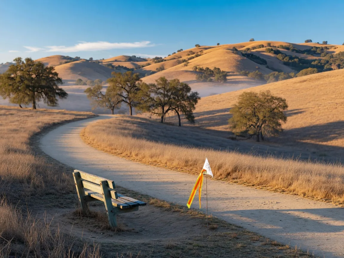 An empty running path winding through golden Southern California foothills near Murrieta on a crisp November morning