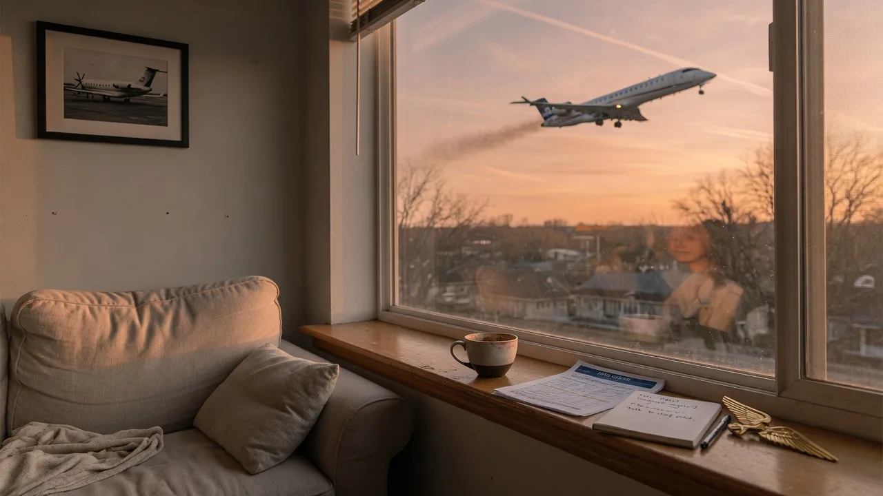 A quiet living room at golden hour with a view of a jet ascending into a warm sunset sky, a coffee cup on the windowsill, reflecting the tension between home life and career