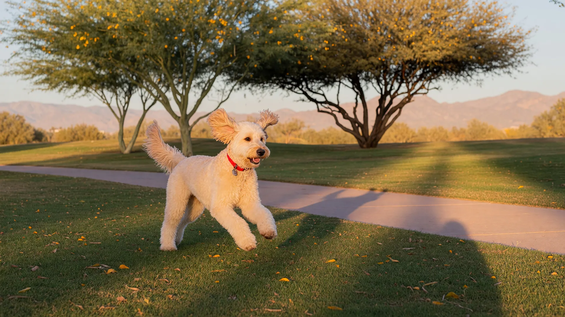 Cream-colored goldendoodle running across a grassy Gilbert park on a crisp fall morning, low warm light, mesquite trees with hints of autumn color, and desert mountains in the distance