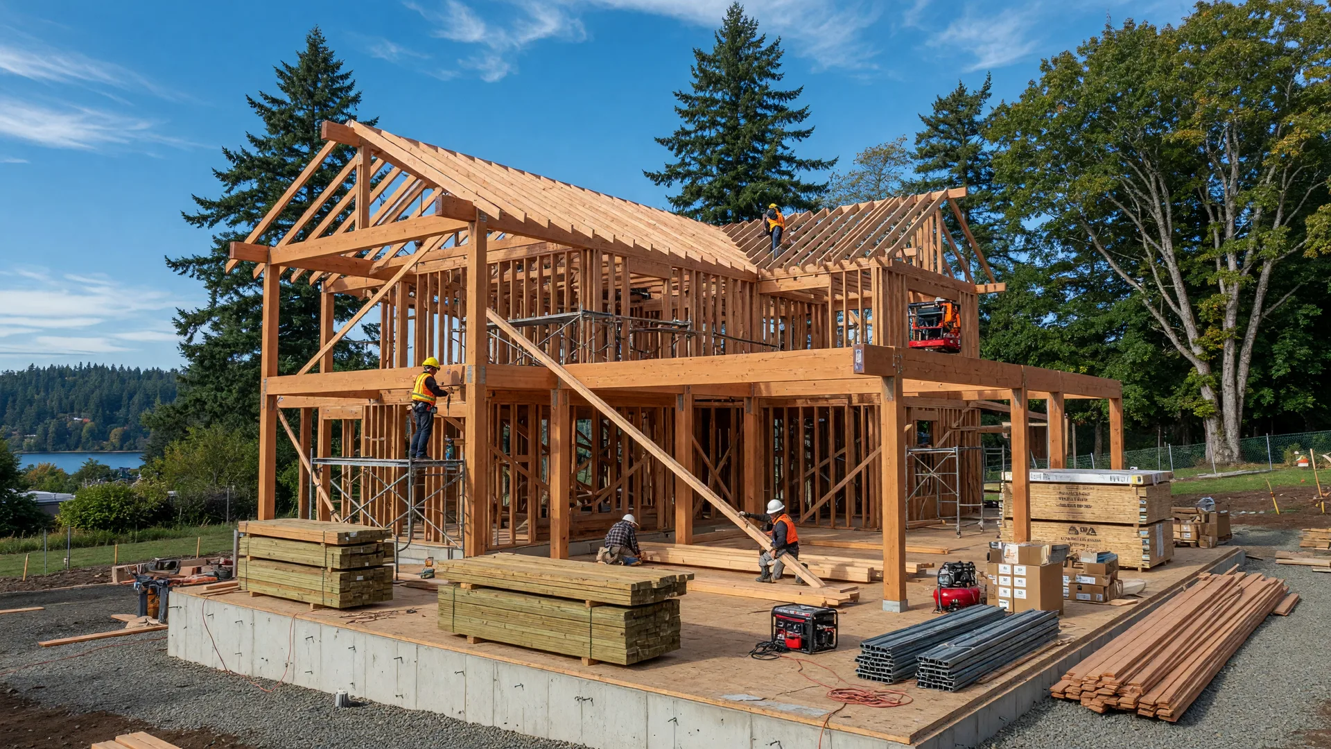 Luxury custom home construction in Lake Oswego with timber framing and lake area views