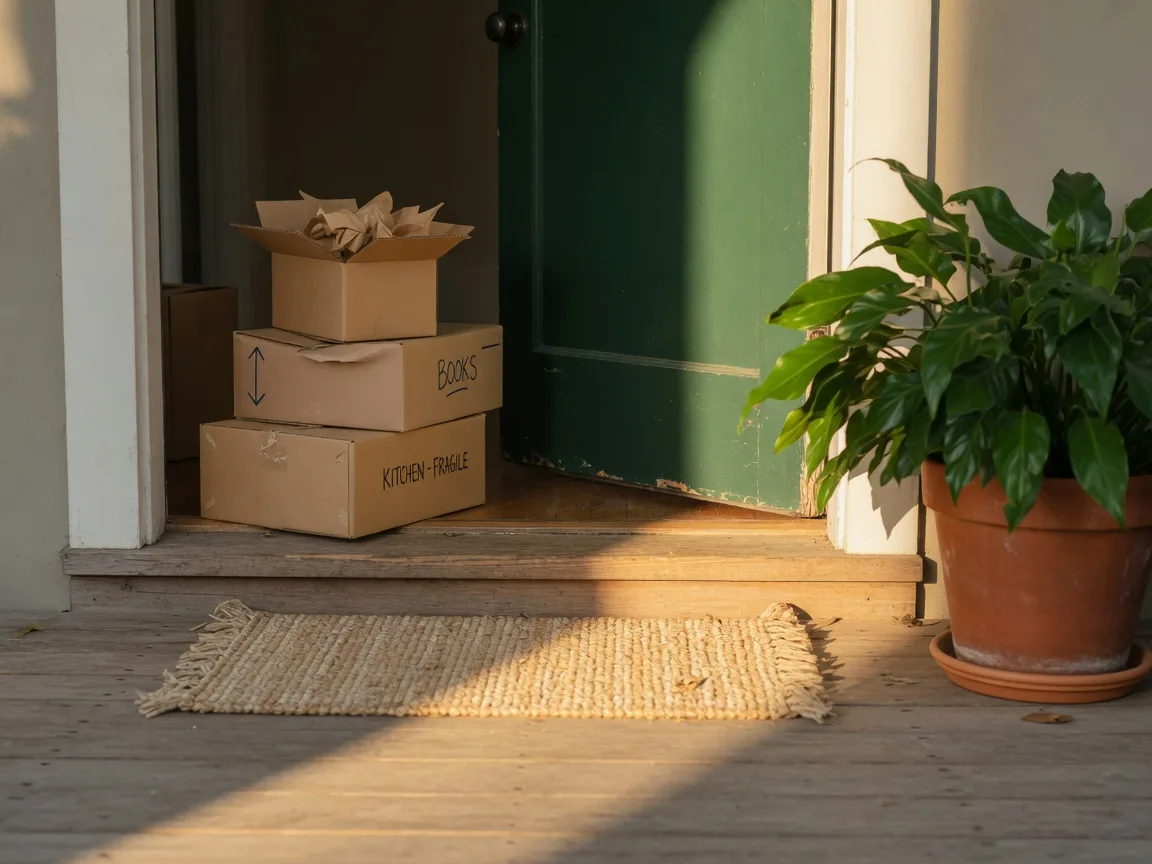 An open front door with sunlight spilling across the threshold and moving boxes on the porch