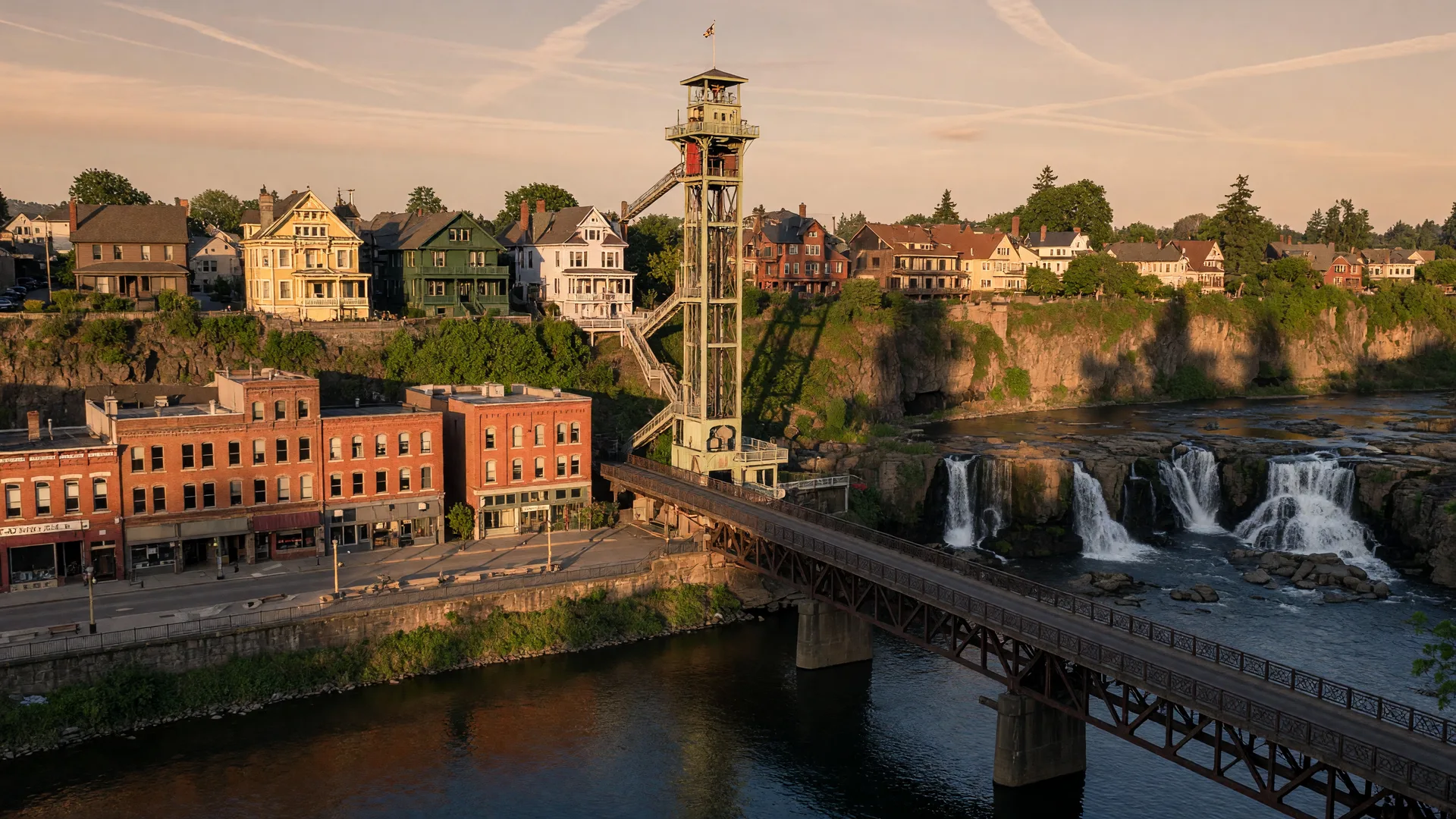 Historic Oregon City waterfront with Willamette River, bluff-top homes, and Municipal Elevator