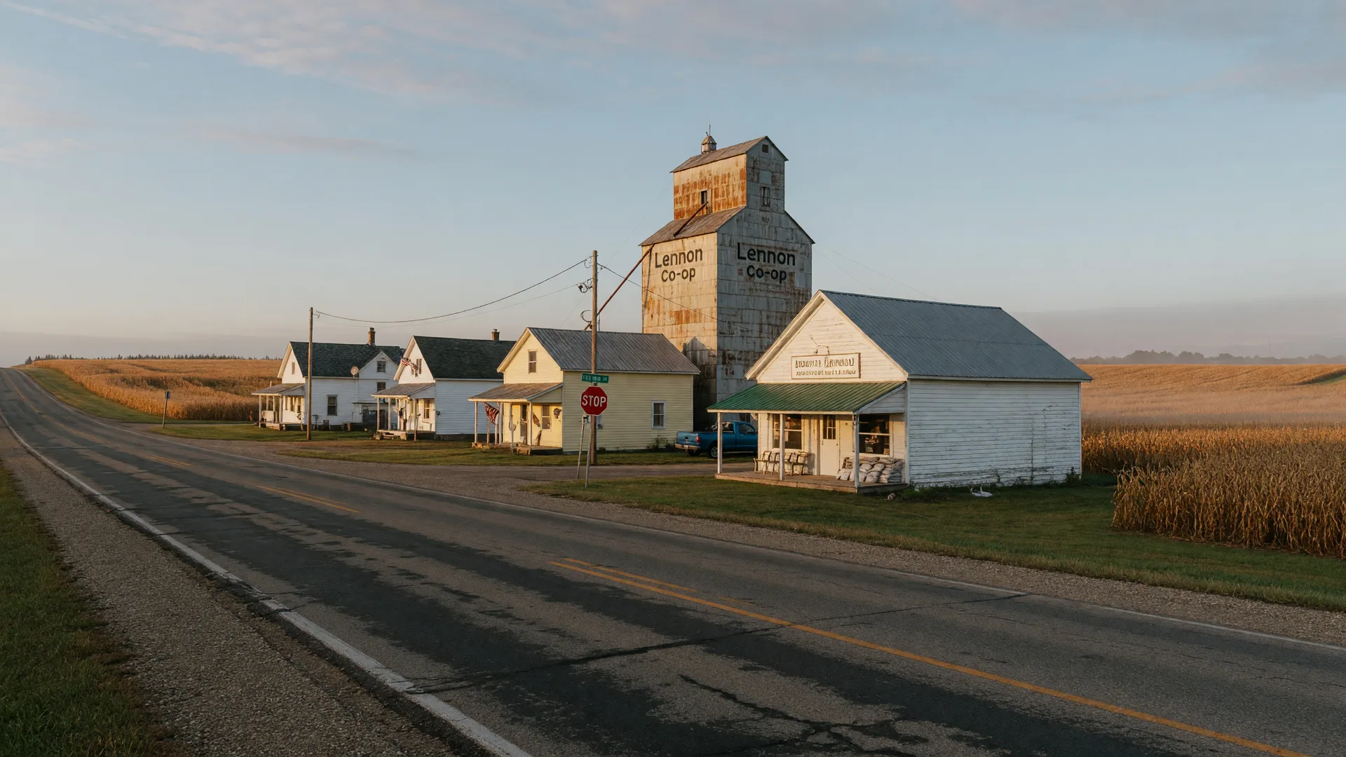 A quiet country road approaching the village of Lennon, Michigan with a grain elevator, small general store, and golden fields in soft morning light
