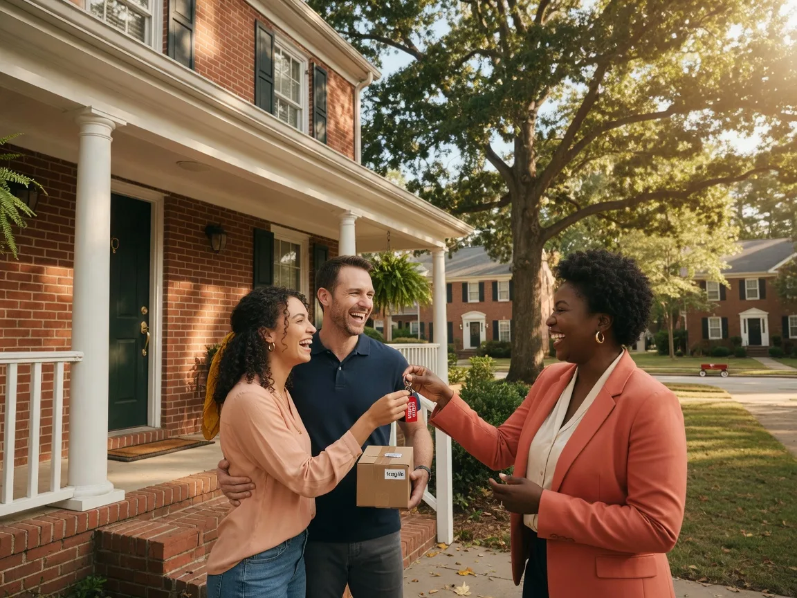 Happy homeowners in front of their new house in the Raleigh Triangle area