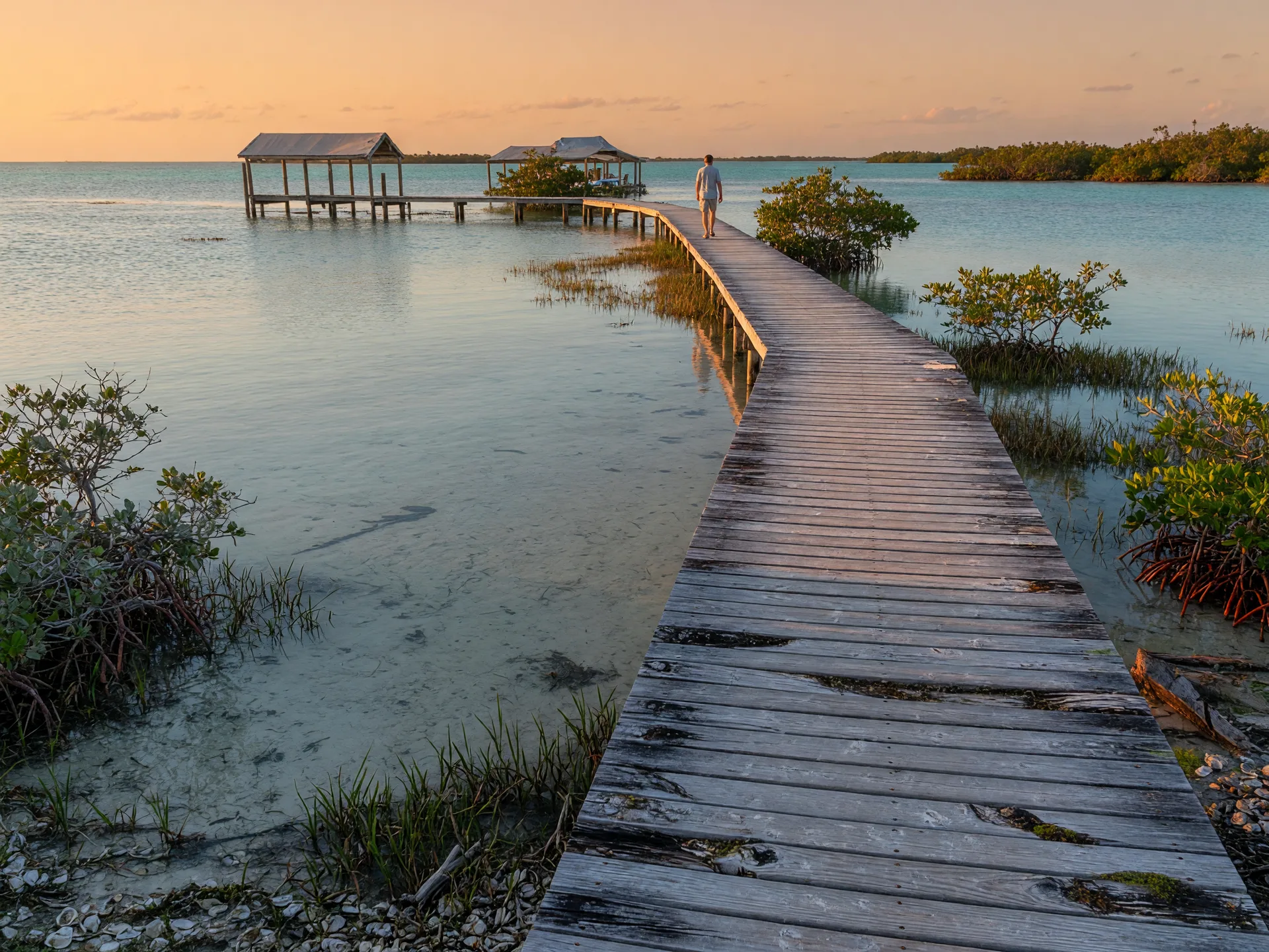A weathered wooden boardwalk crossing shallow turquoise flats at a quiet Keys beach at golden hour, seagrass, buttonwood, and low mangroves along the edges, a distant figure walking ahead, calm water and warm amber light