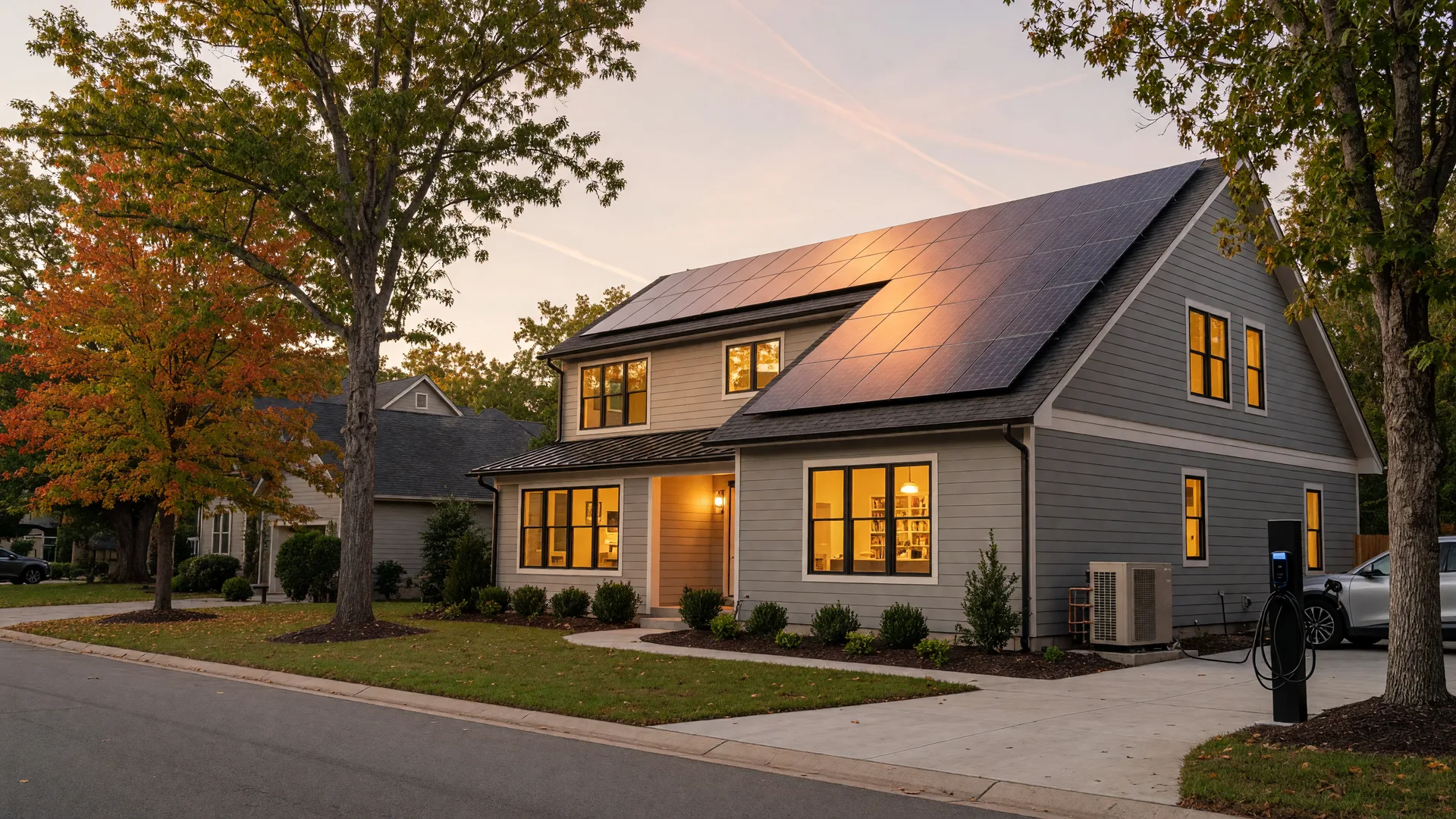 Modern energy-efficient home in Georgia at golden hour with solar panels on the roof and an EV charging station beside the driveway.