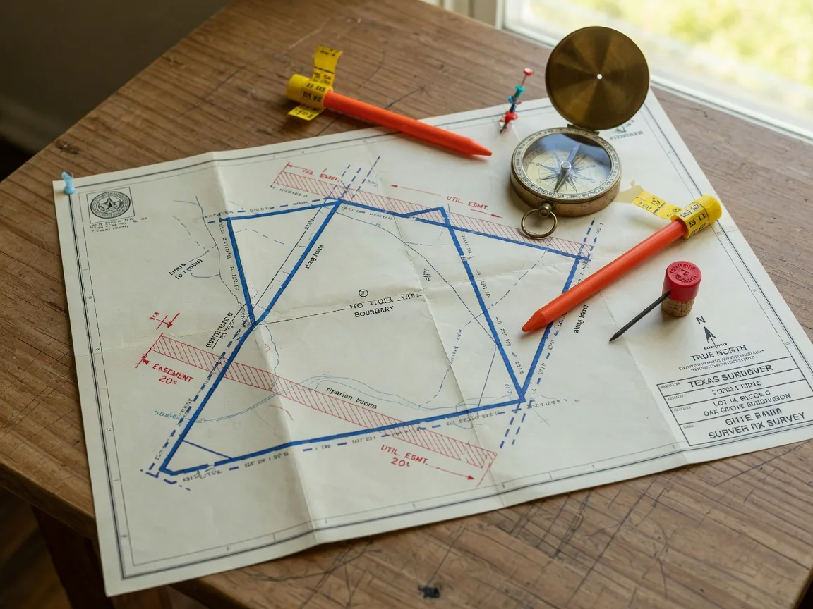 A Texas property survey map spread across a wooden table with a brass compass and boundary markers, showing property lines, easement notations, and plat markings