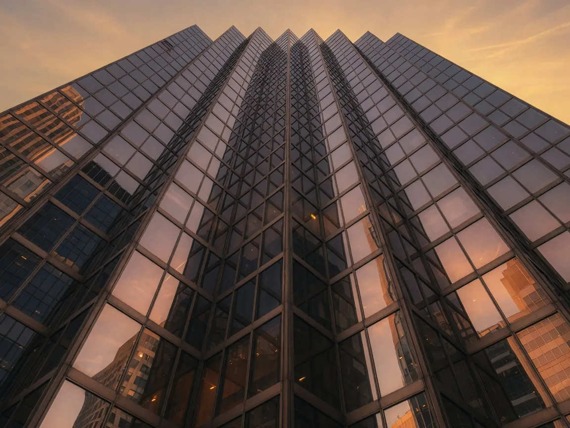 Modern glass skyscraper reflecting golden light, representing the 2026 brokerage consolidation wave