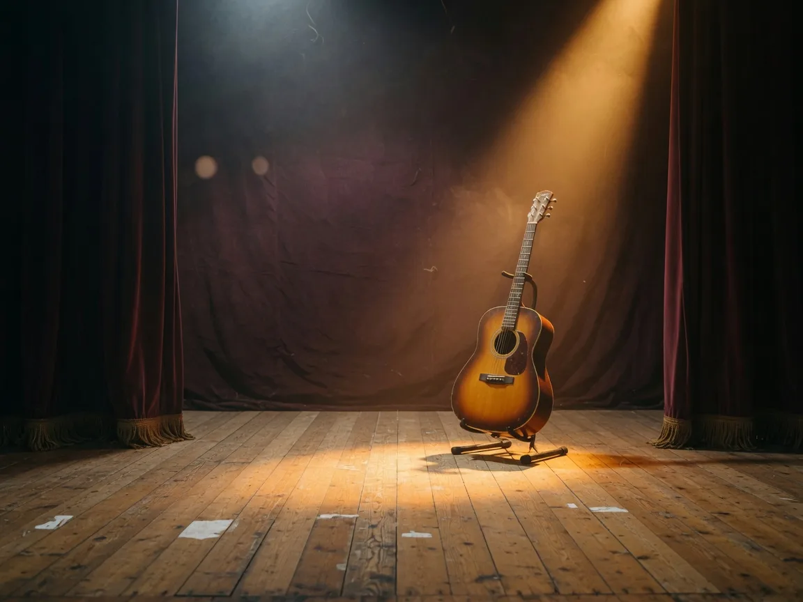 An intimate theater stage under a warm amber spotlight