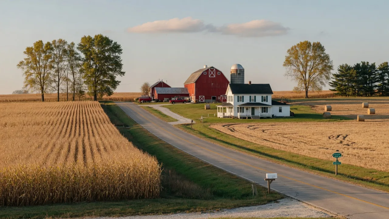 A country road winding through rolling farmland near Arcadia Indiana with a farmhouse and barn in golden light
