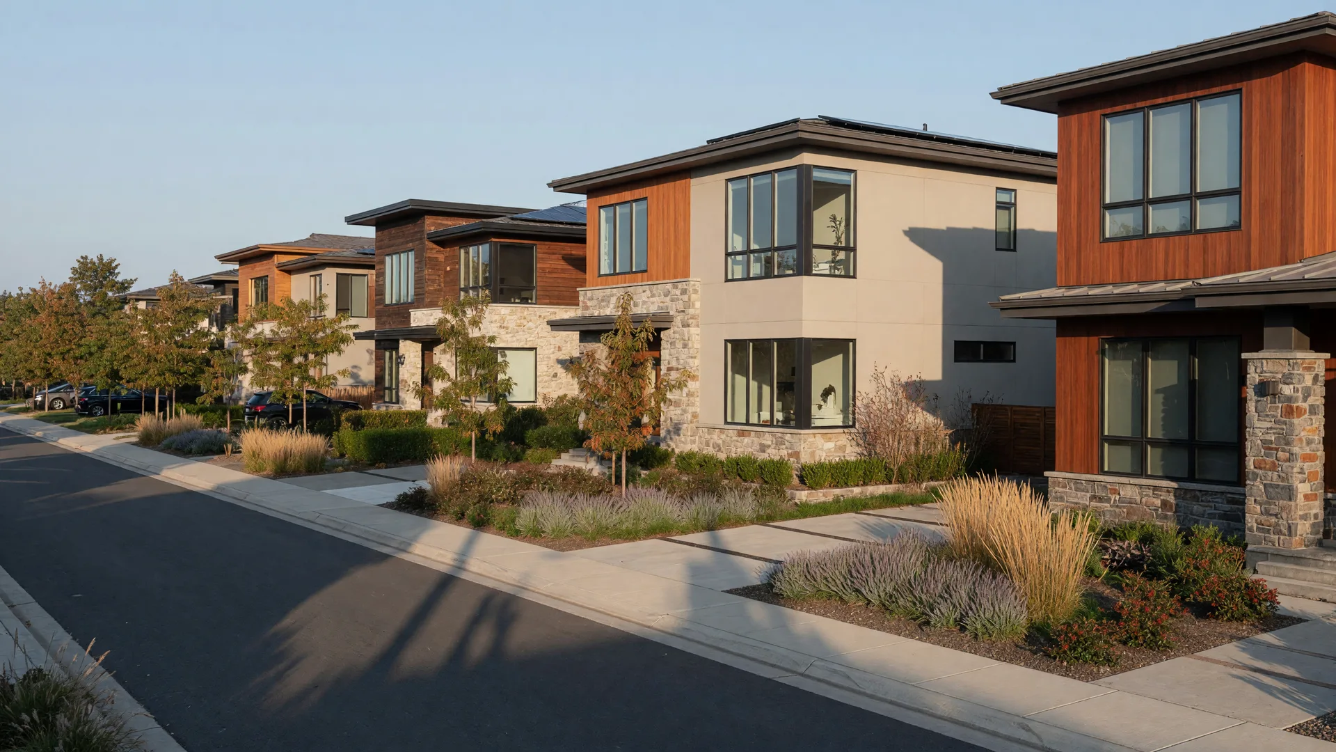 Modern residential neighborhood with contemporary clean-line homes, cedar and stone facades, and mature landscaping on a sunny morning