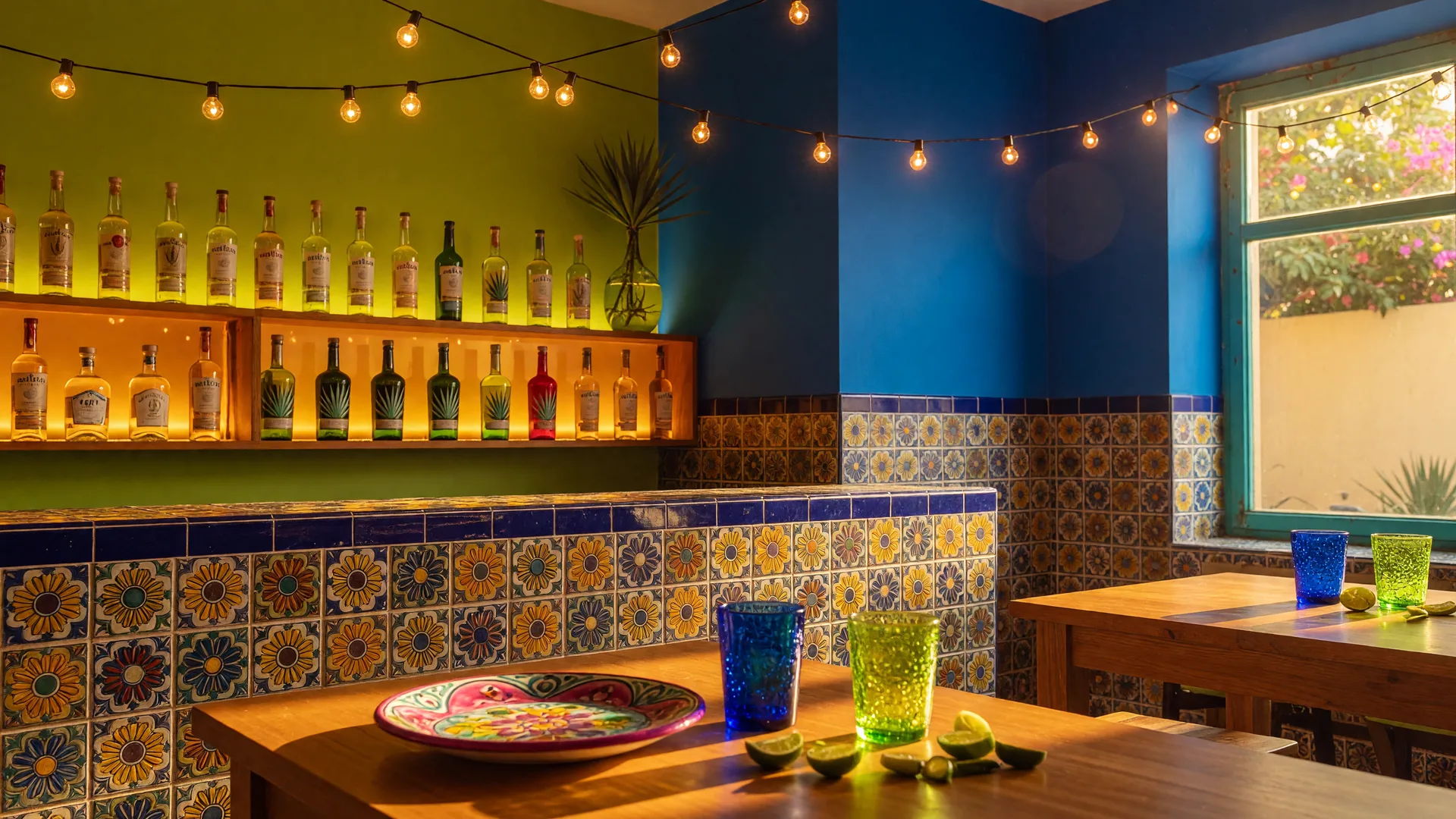 Colorful Mexican cantina with talavera tile accents