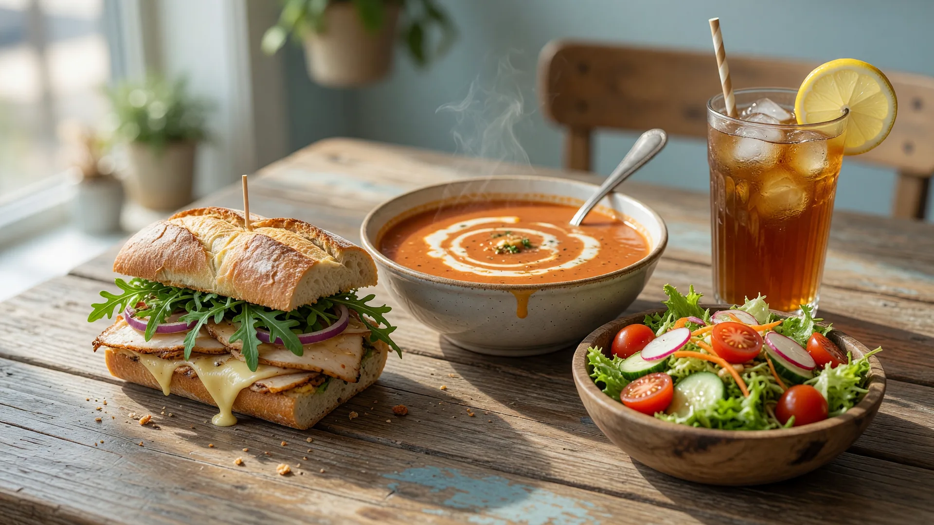 Gourmet sandwich with soup and salad on a cafe table